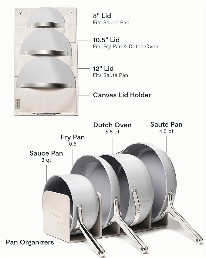 Caraway Non-stick Ceramic Cookware Set (12 Piece) Pots Pans Lids and Kitchen Storage - PFAS &amp PFOA Free - Oven Safe Pan Set &amp Compatible with All Stovetops - Gray