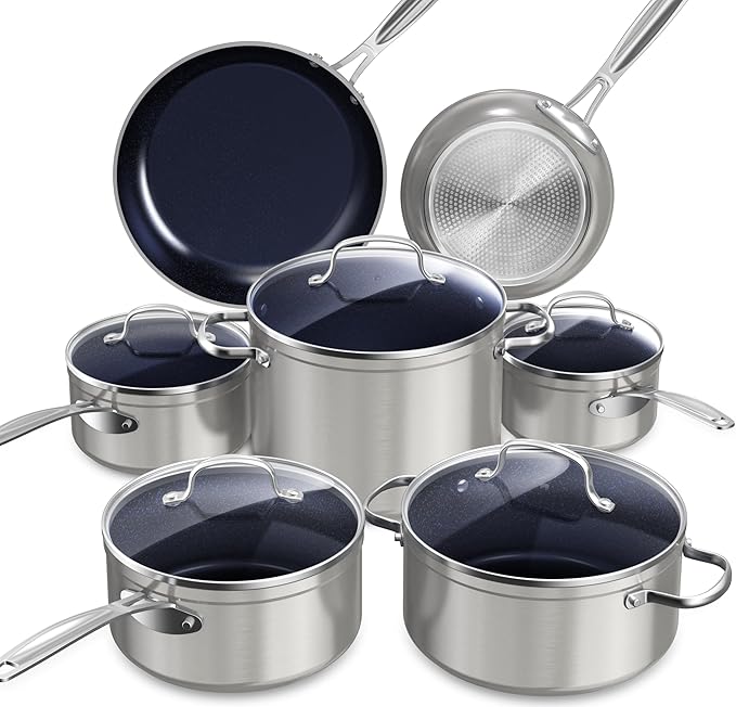 Nuwave Healthy Duralon Blue Ceramic Nonstick Cookware Set Diamond Infused Scratch-Resistant PFAS Free Dishwasher &amp Oven Safe Induction Ready &amp Evenly Heats Tempered Glass Lids &amp Stay-