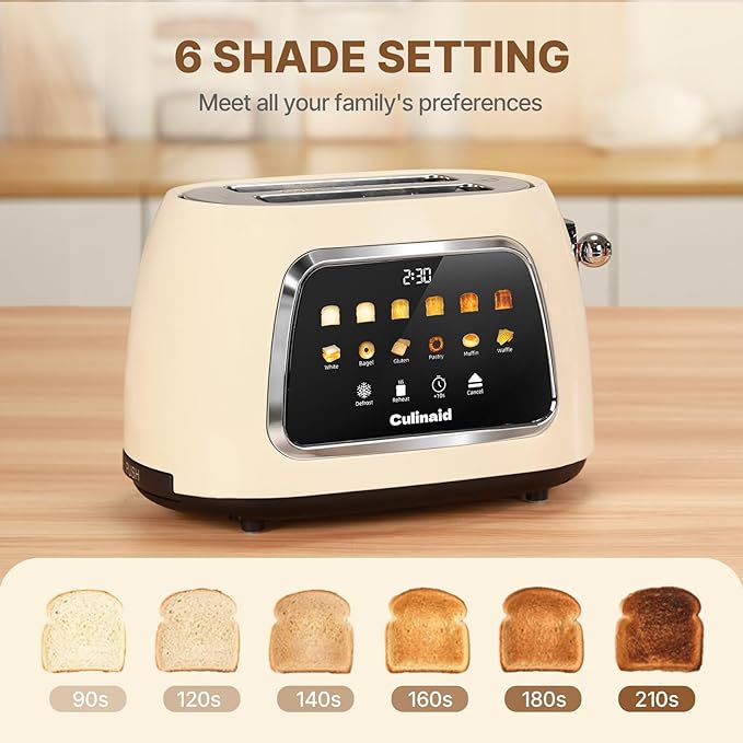 Toaster 2 Slice Smart Touch Screen Retro 1.5'' Extra Wide Slot Stainless Steel Digital Bread Toaster with Memory Function Bagel Defrost 6 Browning Levels and Removable Crumb Tray Cream