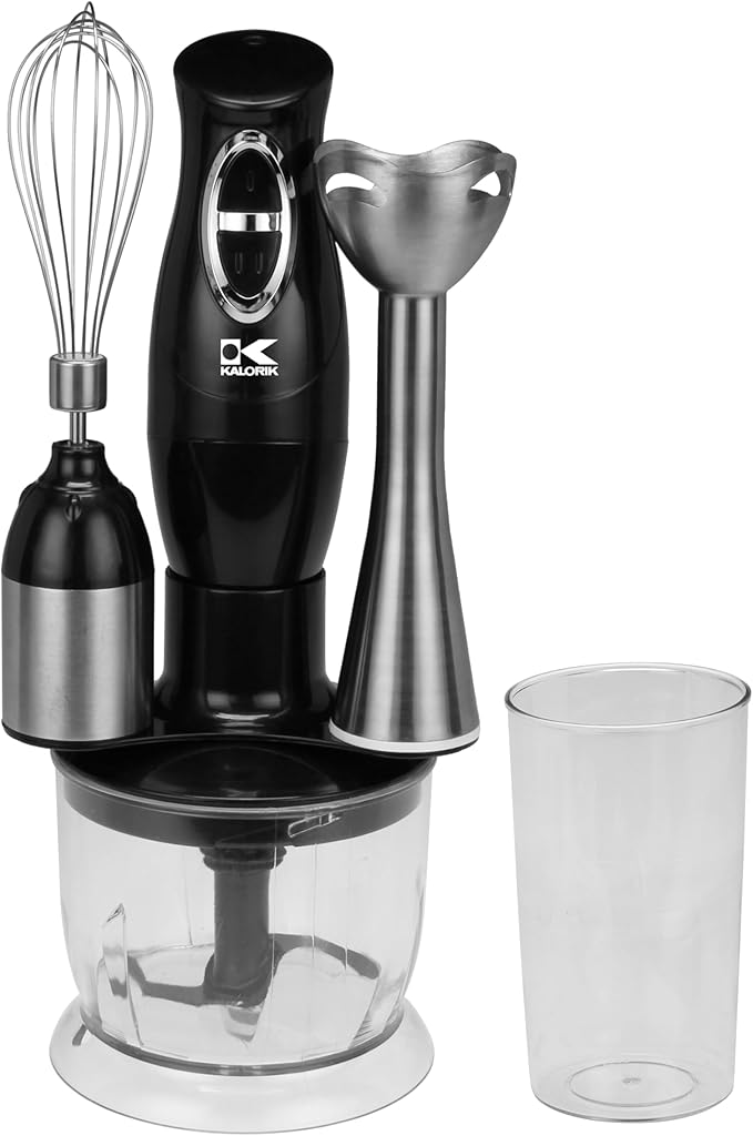 Kalorik Immersion Blender 3-in-1 Handheld Emulsion Combi Blender with Chopper Whisk and Stick Mixer Attachments Two Speed Switch and Stainless Steel Shaft and 20-Oz Mixing Cup 200-Watts Black