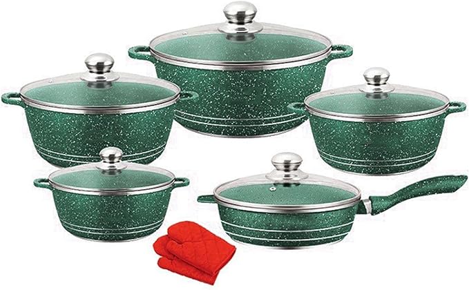 Cookware Set Non Stick 10 Piece Nonstick Aluminum Kitchenware with Glass Lids Marble Coated Pots and Pans for Frying and Cooking Essentials Green