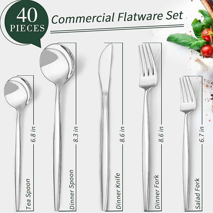 40-Piece Silverware Set for 8 CEKEE Stainless Steel Flatware Cutlery Set Included Knife Spoon and Fork Kitchen Utensils Set for Home Hotel Wedding Restaurant - Mirror Polished &amp Dishwasher Safe