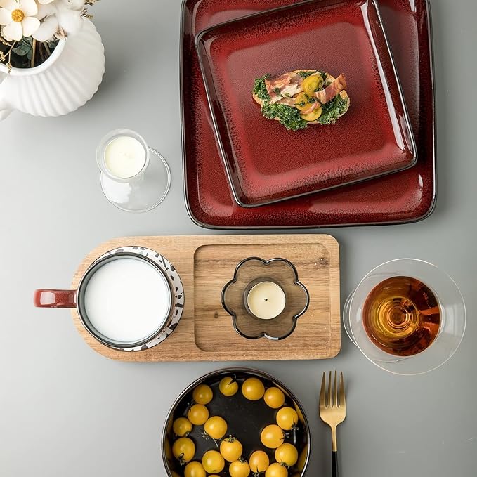 FLACKAR Square Stoneware 16pc Dinnerware Set for 4 Dinner Plates Side Plates Cereal Bowls Mugs - Reactive Glaze Red (485450)