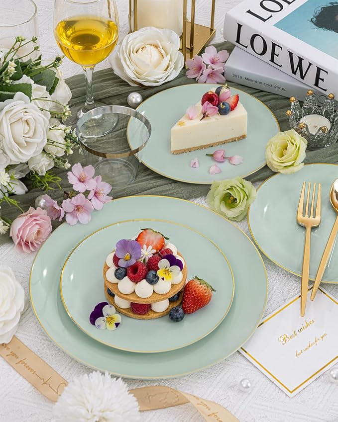 bUCLA 150PCS Green Plastic Plates - Sage Green with Gold Rim Disposable - Include 25 (Dinner &amp Dessert) Plates 25 Knives 25 Forks 25 Spoons and 25 Cups for Party Easter &amp Spring