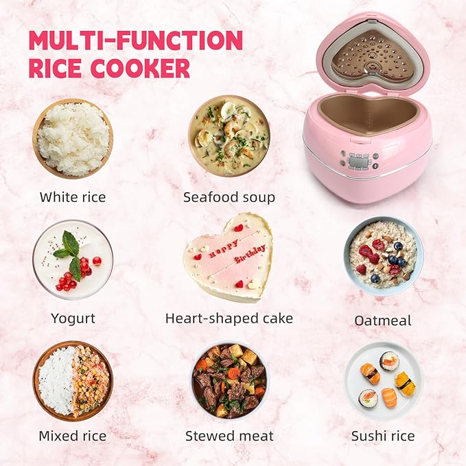 Peach Heart Shape Rice Cooker 8 Cup Cooked 4 Cup Uncooked Rice Multifunctional Pink Rice Cooker 300w with Preset Timer 1.8L