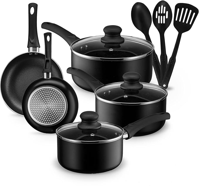 Pots and Pans Set Aluminum Nonstick Cookware Set Fry Pans Casserole with Lid Sauce Pan and Utensils 11 Piece Cooking Set (Black)