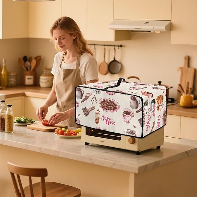 Toaster Oven Dust Cover with Accessory Pockets Neat Storage and Protection with Organizing Side Pockets for Kitchen Toaster Oven Appliances Decor Coffee Love