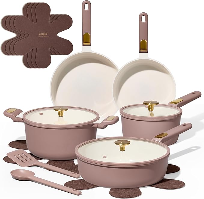 CAROTE Ceramic Cookware Set Pots and Pans Set Non stick 16-Piece Induction Cookware Non toxic Healthy Non Stick Kitchen Cooking Set with Frying Pans SetLarge Capacity Soup Pot