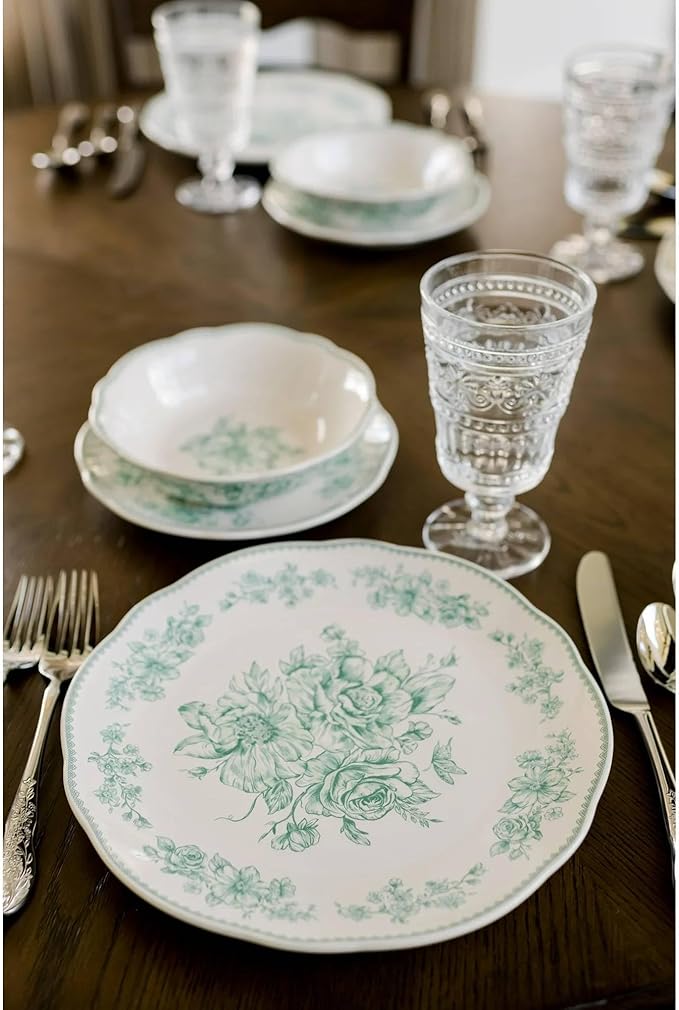 Agatha 12-Piece Stoneware Dinnerware Set – Service for 4 Rustic Farmhouse Plates &amp Bowls Vintage Floral Design Microwave &amp Dishwasher Safe (Green)