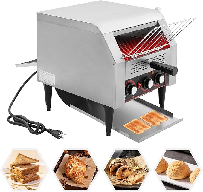 1900W Commercial Conveyor Toaster Stainless Steel Toaster with Upper and Lower Heating Tubes and Crumb Tray 300 Slices/H Heavy Duty Countertop Electric Toaster for Bun Bagel Bread Silver 110V