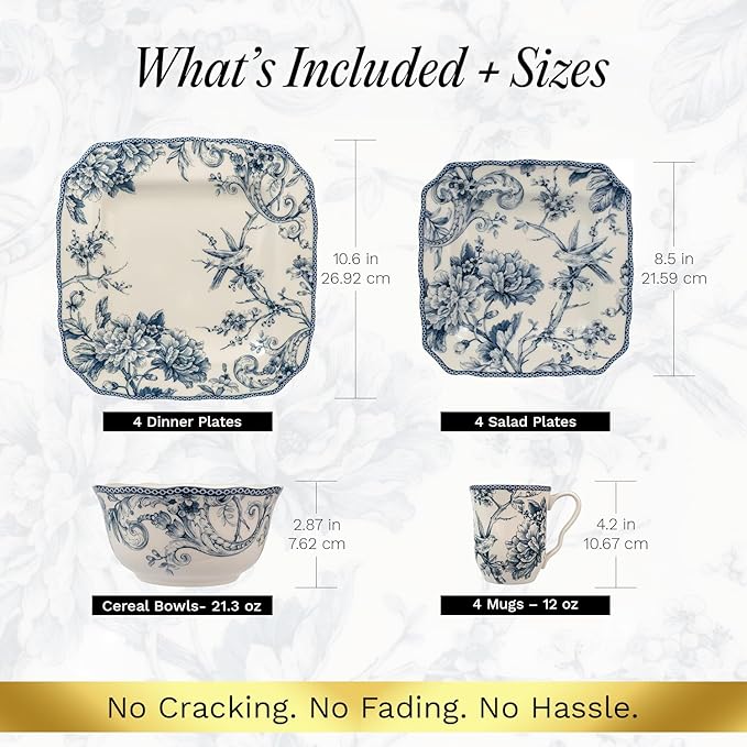 222 Fifth Adelaide 16-Piece Floral Porcelain Dinnerware Set | Microwave and Dishwasher Safe Dining Set for 4 | Stackable and Chip-Resistant Plates Bowls and Cups | Gift for Housewarming and Wedding