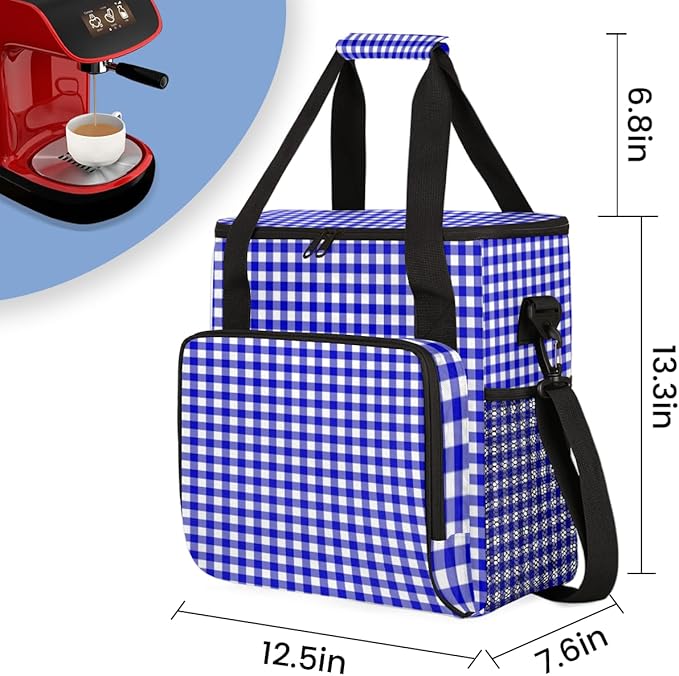 Navy Plaid Coffee Maker Carrying Bag Portable Travel Storage Tote Bag Compatible with K-Mini or K-Mini Plus Single Serve Coffee Brewer Carrying Case with Multiple Pockets &amp Shoulder Strap