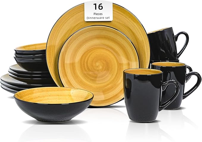 Sonoma 16 Piece Stoneware Dinner Set Outside Black + Inside Handpainted Color Yellow with speckle