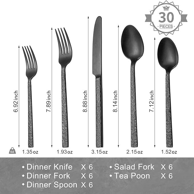 KINGSTONE 30 Pcs Black Hammered Silverware Set for 6 18/10 Stainless Steel Heavy Duty Flatware Set Tableware Cutlery Utensil Sets for Home Restaurant Dishwasher Safe