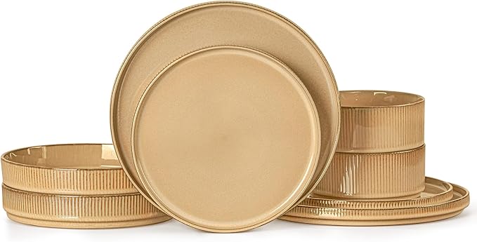 LIANYU 8 Piece Dinnerware Plates and Bowls for 2 Ceramic Elegant Stoneware Dishes Sets with Pasta Bowls Modern Ribbed Dining Ware Dishware for Restaurant Wedding Dishwasher Safe Dune Khaki