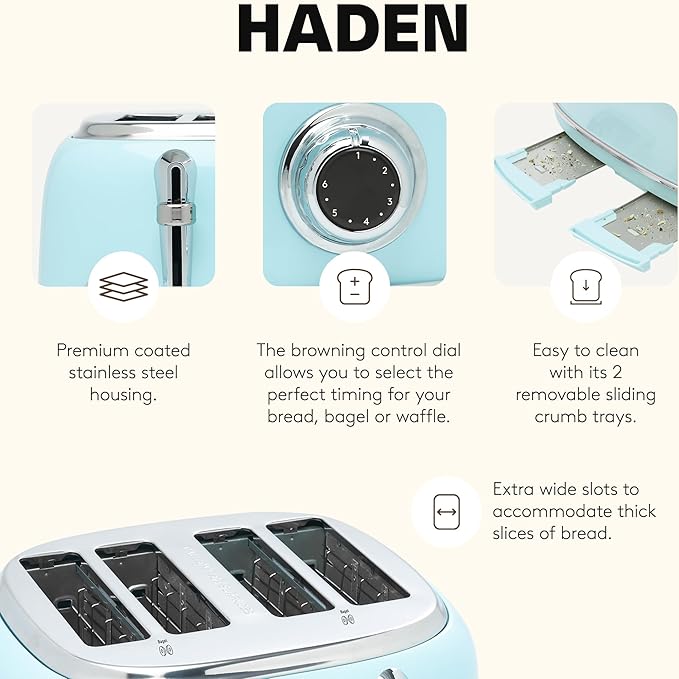 Haden 12 Cup Programmable Drip Coffee Maker Coffee Machine Bundled with Heritage 4 Slice Wide Slot Stainless Steel Toaster Turquoise &amp Chrome