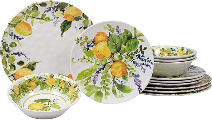 Unknown1 Lemon 12 Pieces Dinnerware Set Green Multi Color Yellow Fruit Country Farmhouse Round Piece Dishwasher Safe Medium