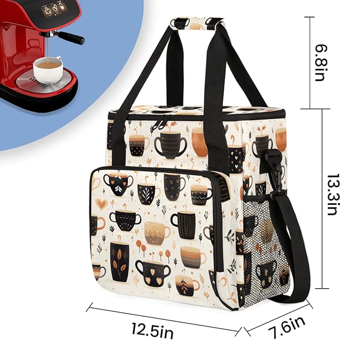 Coffee Cup Print Coffee Maker Travel Bag for Keurig K-Mini/K-Mini Plus Insulated Waterproof Tote with Pockets Portable Single-Serve Brewer Case