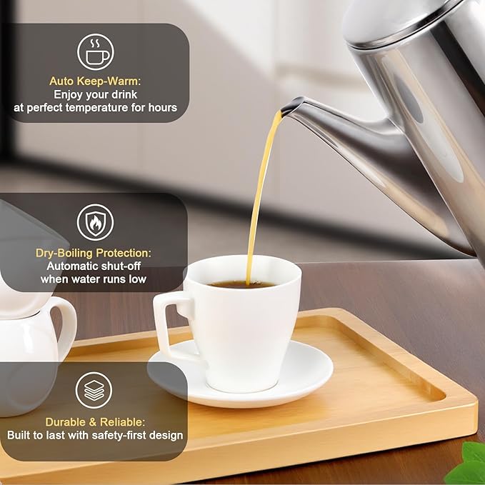Electric coffee maker 12-cup capacity stainless steel construction automatic heating with boil-dry protection heat-resistant handle design 360° swivel base transparent brewing indicator.