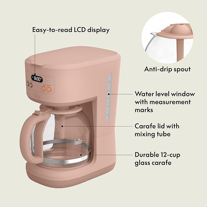 bella 12 Cup Programmable Coffee Marker Reusable Dishwasher Safe Accessories Easy LCD diaply Auto Shutoff 900 watt Blossom