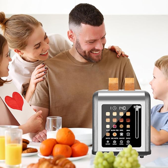 2 Slice Toaster Touch Screen Stainless Steel Toasters Digital Timer 2 Slot Toasters 8 Shade Settings 6 Bread Types for Bagel Cancel Defrost (Grey)