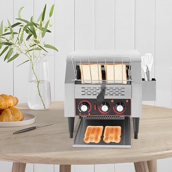 Commercial Conveyor Toaster 300 Slices/Hour Stainless Steel Heavy Duty Industrial Toasters 1900w Countertop Bread Toaster with Dual Temperature Control for Baked Food (TT-300L)