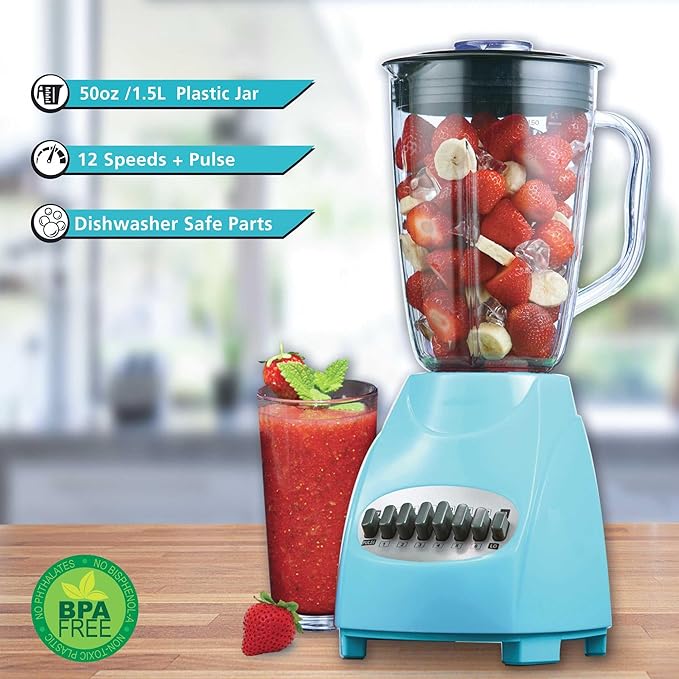 12-Speed Countertop Blender with Pulse Function – 50oz BPA-Free Jar Stainless Steel Blades Ice Crusher &amp Smoothie Maker 350W Kitchen Blender (Blue)