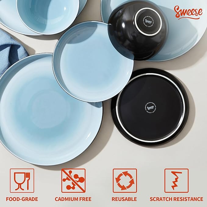 Sweese Porcelain Dinnerware Set of 6 Lightweight Round Plates and Bowls Set - Dishwasher Microwave Oven Safe Scratch Resistant Dinner Sets Kitchen Dishes Set Black &amp Blue