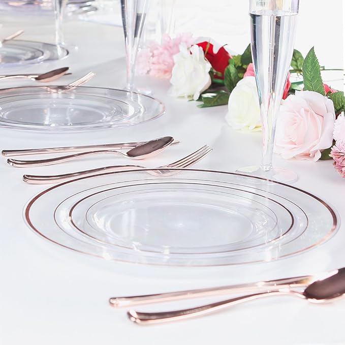 I00000 60 Pcs Rose Gold Plastic Plates Disposable Party Set Include: 60 Clear Plastic Plates with Rose Gold Trim for dinner and dessert Perfect for Holidays Wedding &amp Party Supplies (Pack of 2)