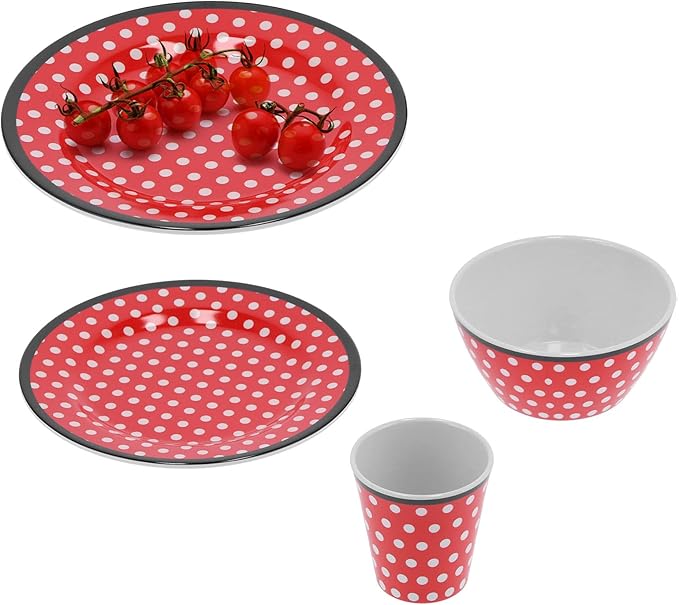 Topyond Christmas Dinnerware Set Melamine Plates and Bowls Set Red Dots Salad Plate Set Includes Plates Bowls and Cups for Home Kitchen Dining