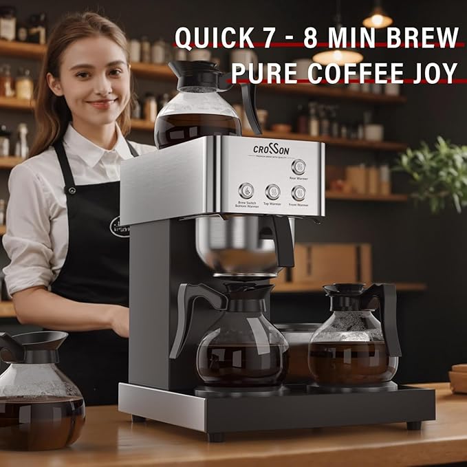 crosson 12 Cup Commercial Coffee Brewer with 4 Warmers &amp 4 Glass DecanterPour Over Drip Coffee Maker with Stainless Steel Housing and 304 SS Funnel