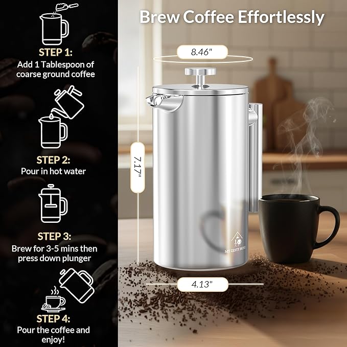 French Press Coffee Maker 304 Stainless Steel 34 Oz Large Double-Walled Insulated French Press 3 Level Filtration System For Kitchen Camping &amp Gifting in Premium Box - Dishwasher Safe