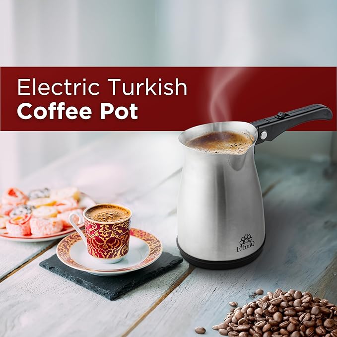 ETHNIQ Turkish Coffee Pot - Stainless Steel 120V 1 to 4 Cup Capacity Fast Brewing Delicious Cup of Turkish Arabic &amp Greek Coffee Maker with Foldable Handle for Home &amp Travel &amp on-off