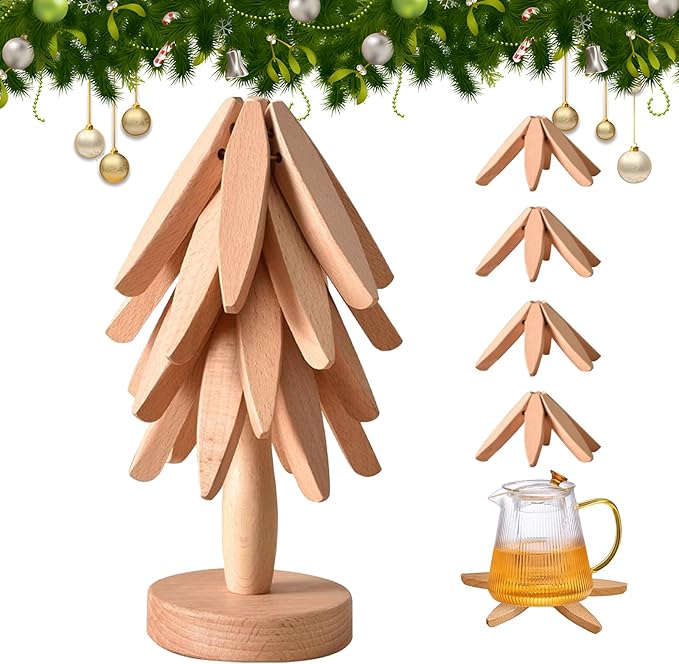Wooden Trivets for Hot Dishes Tree Shape Trivet Set Foldable Kitchen Wooden Trivets Tree Coaster for Hot Dishes、Pot、Bowl、teapot、hot Pot Holders (4 Piece-Original Wood)