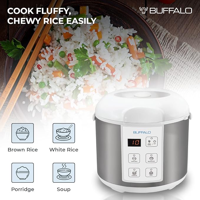 Buffalo Classic Rice Cooker with Clad Stainless Steel Inner Pot - Electric Rice Cooker for White/Brown Rice Grain - Easy-to-clean Non-Toxic &amp Non-Stick Auto Warmer (10 Cup)