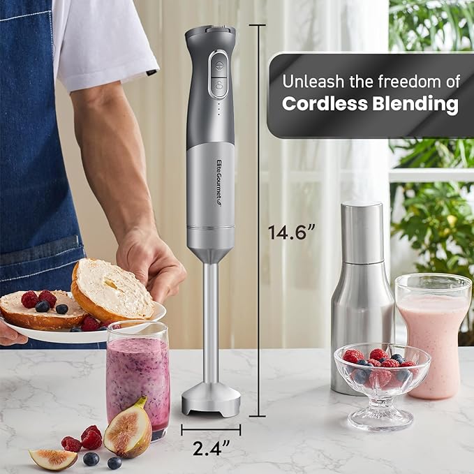 Elite Gourmet EHB1300 Cordless Rechargeable Hand Blender Variable Speed Blending with One-Touch Power Button Stainless Steel Blades Portable Easy Control Stick Mixer Baby Food Charcoal Grey