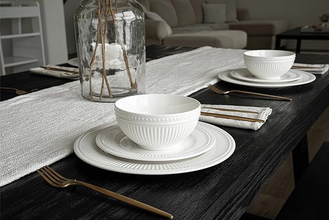 New Bone China 12 Piece Dinnerware Set Santorini Collection (Bloom) White Daily Use China Embossed Tableware Service for 4