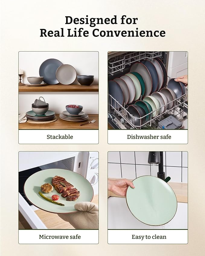 Famiware Venus Plates and Bowls Sets 24 Pieces Stoneware Speckled Dinnerware Dishes Set for 8 Light Green - Microwave &amp Dishwasher Safe Modern Minimalist for Everyday Meals &amp Formal Dining