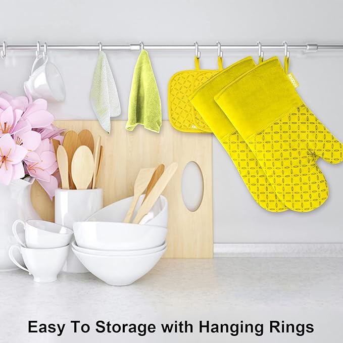KEGOUU Oven Mitts and Pot Holders 6pcs Set Kitchen Oven Glove High Heat Resistant 500 Degree Extra Long Oven Mitts and Potholder with Non-Slip Silicone Surface for Cooking (Yellow)