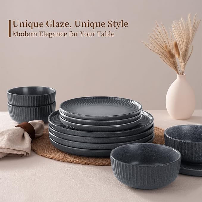 Famiware Starlight Plates and Bowls Dishes Set of 4 (12 Pieces) Ribbed Textured Stoneware Dinnerware Sets- Dishwasher &amp Microwave Safe Chip Resistant Matte Midnight Grey