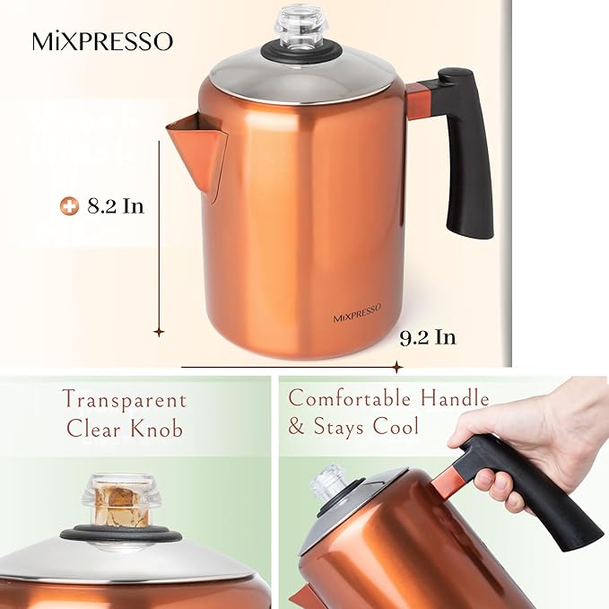 Mixpresso Copper Stainless Steel Coffee Percolator Stovetop 37oz Classic Percolator Coffee Pot Great For Camping Pot 5-8 Cup Stove Top Espresso Maker Cool-Touch Handle