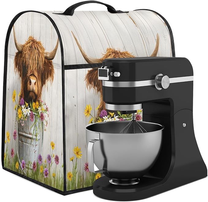 Kitchen Aid Mixer Cover Flower Cute Cow Highland Stand Mixer Cover Compatible with 6-8 Quarts Stand Mixers Dust Covers with Zipper Pocket Foldable Washable Kitchen Aid Organizer Bag