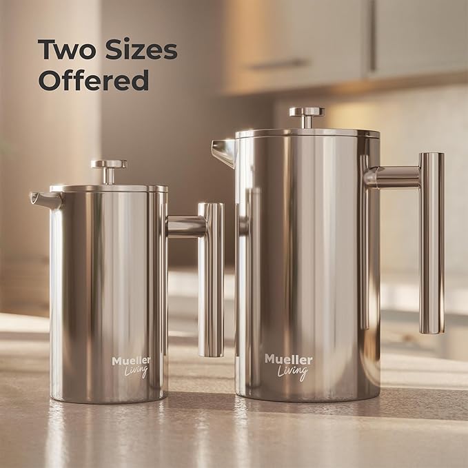 MuellerLiving French Press Coffee Maker 20oz Stainless Steel French Press Coffee 4 Filter Heat Resistant Double Insulated Rust-Free Food Grade Dishwasher Safe Coffee Pot
