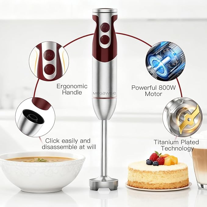 Megawise 3-in-1 Hand Blender – 12-Speed Includes Powerful Blender Stick Whisk and Milk Frother – Easy to Clean and Perfect for Smoothies and More (Red)