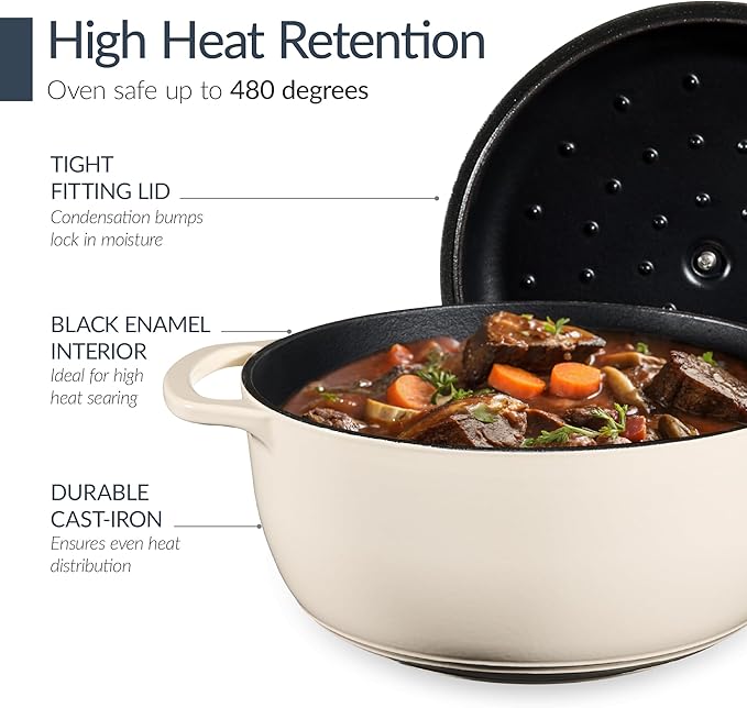 Best Choice Products Non-Stick Pot &amp Pan Cookware Set Cast Iron 2Qt Skillet W/Lid 10 Grill Or Griddle Pan W/Press 6Qt Enameled Dutch Oven Non-toxic For Cooking &amp Grilling - Vanilla