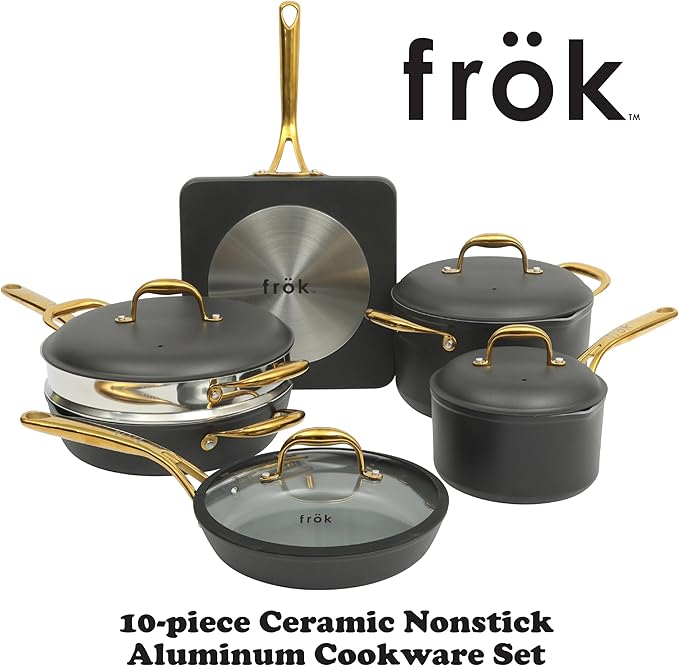 Frok 10 Piece Pots and Pans 4MM Thick Quick Heat Aluminum Cookware Set w/Premium PFA Free Ceramic Nonstick Interior Heat Resistant Exterior - Induction - Black &amp Gold