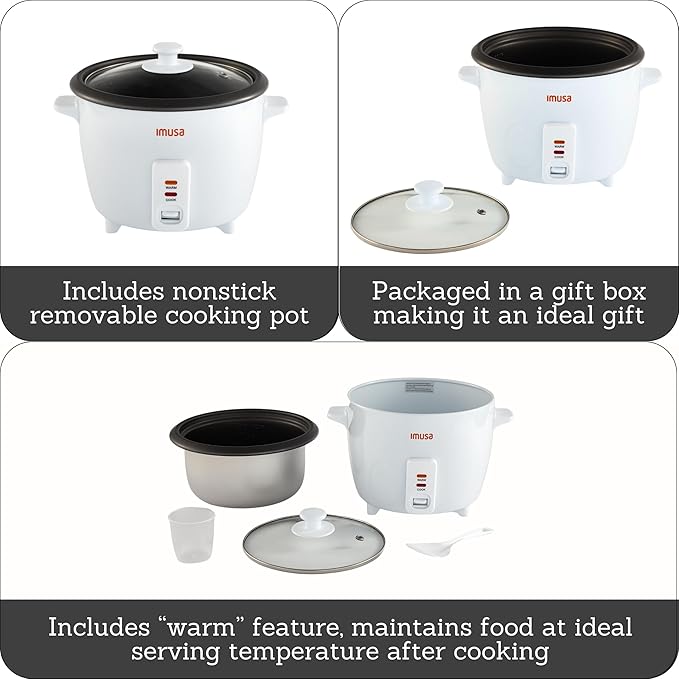 IMUSA USA GAU-00011 Electric Nonstick Rice Cooker 3-Cup (Uncooked) 6-Cup (Cooked) White