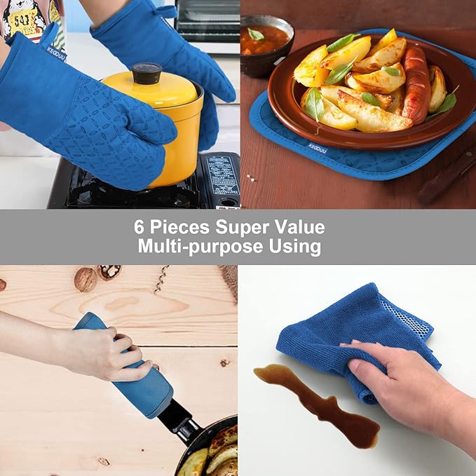 KEGOUU Oven Mitts and Pot Holders 6pcs Set Kitchen Oven Glove High Heat Resistant 500 Degree Extra Long Oven Mitts and Potholder with Non-Slip Silicone Surface for Cooking (Royal Blue)