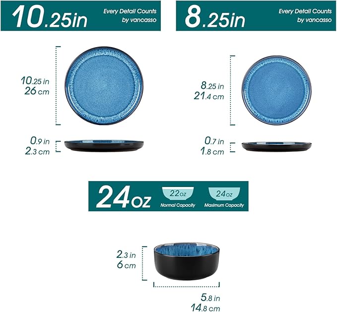 vancasso PLAYA Plates and Bowls Sets 18 Pieces Blue Dinnerware Sets for Kitchen Reactive Glaze Dishes Set for 6 Dishwasher and Microwave Safe