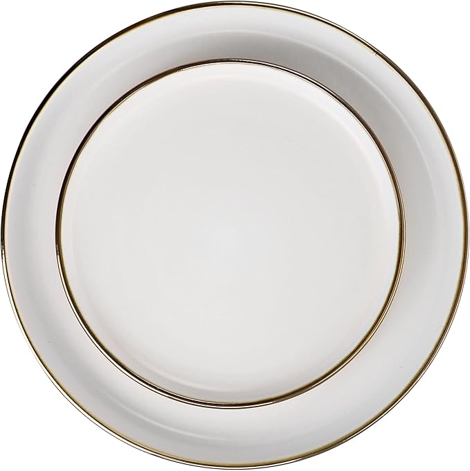 Unknown1 16 Piece Stoneware Dinnerware Set in Matte White with Gold Rim Solid Modern Contemporary Round Dishwasher Safe